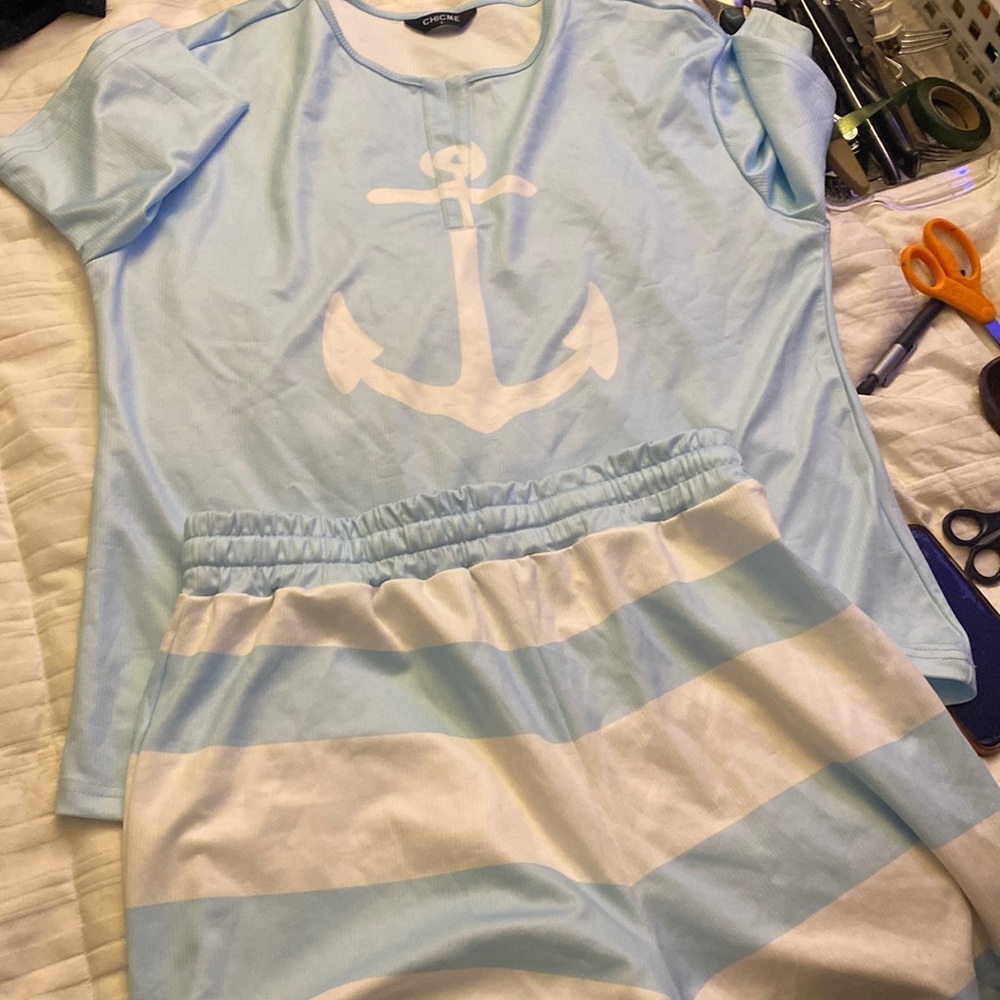 SHEIN/CHICME women’s LG, two piece outfit with anchor &stripes,baby blue-white